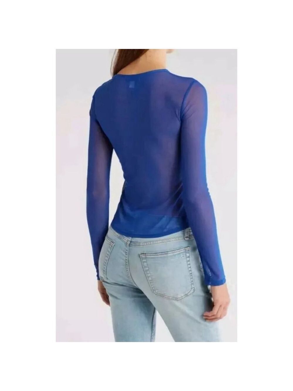 Topshop Cutout Detail Long Sleeve Mesh Top Blue See-through - Picture 2 of 6
